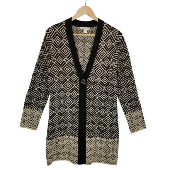 Coldwater Creek Women's Single Button Wool Blend Long Cardigan Black Tan Medium - Picture 1 of 6